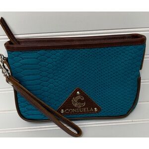 CONSUELA Indy Downtown Teal Blue Snakeskin Large Clutch Wristlet Bag Tote Wallet